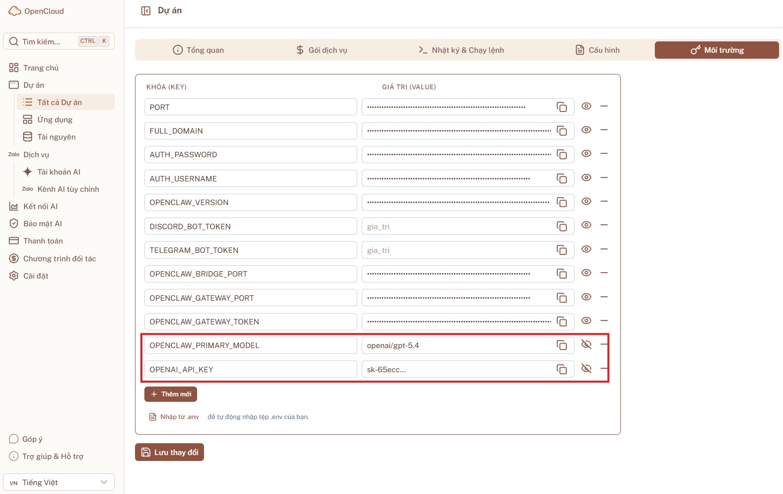 Thay đổi mô hình AI OpenClaw